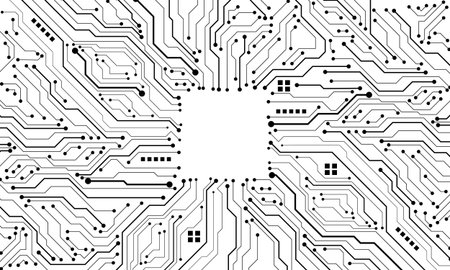 Abstract black circuit board technology connected lines electronics elements computer motherboard chip processor semiconductor digital on white background vector illustration.のイラスト素材