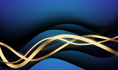 Abstract golden ribbon wave curve overlap on blue with blank space design luxury background vector illustration.のイラスト素材