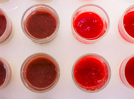 Top view of colorful pudding with white ice background