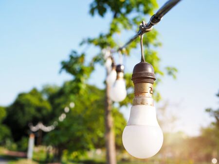 Old light bulb, lamp hanging on pole on the way in the garden.