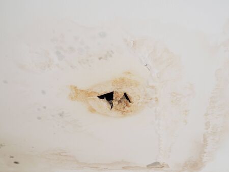 ceiling under roof is damaged have holes from water leaks. Home problem And construction.の写真素材