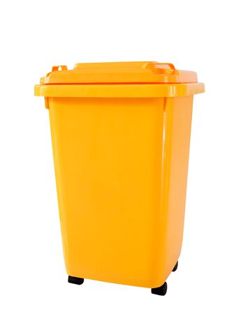 Yellow trash Recycling bin isolated on white background.の写真素材