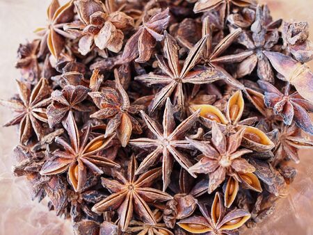 Top view of dried herbs and spices with whole aromatic brown badian star anise or Illicium verum on wooden table.の写真素材