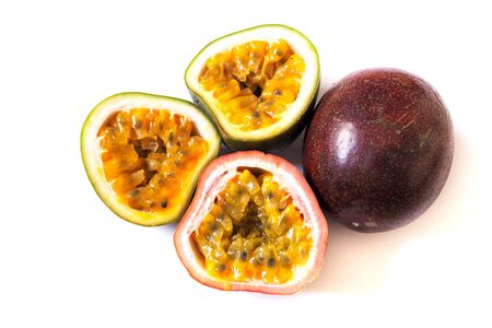 fresh ripe passion fruits isolated on white backgroundの写真素材