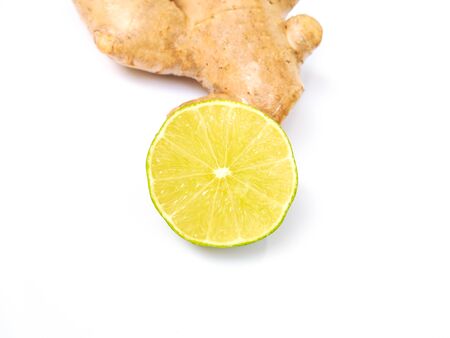 Top view of ginger and lemon slices isolated on white background.の写真素材