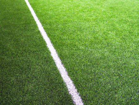 White line on the green grass on the football field or futsal field.