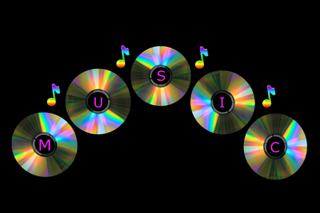 Five colorful compact discs with musical notes