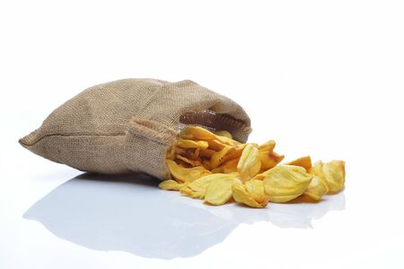 Jackfruit chip in sack  on white backgroundの写真素材