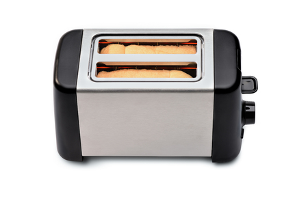 Toaster with bread on white background