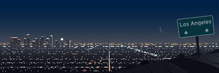 Los Angeles Night Scene Panoramic and Road and Indication Sign Bannerのイラスト素材