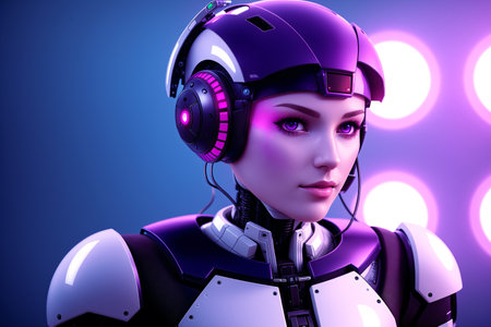 Cyborg woman with futuristic helmet. 3D rendering. Neon lights.の素材