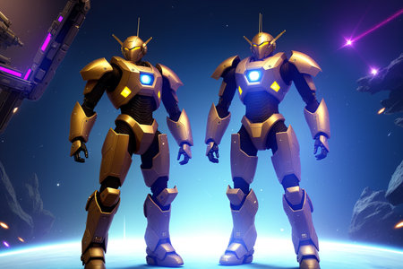 3D rendering of a female robot in front of an alien planetの素材