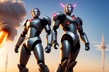 3D rendering of two cyborgs against the background of the skyの素材