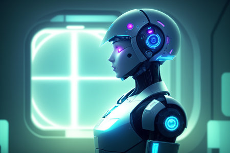 3d rendering humanoid robot or cyborg in front of a windowの素材