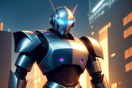 3D rendering of a male robot in front of a city backgroundの素材