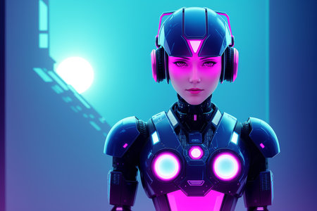 3d rendering of a female robot with headphones against a blue backgroundの素材
