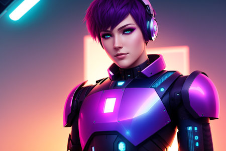 3D rendering of a female robot with purple hair and headphones.の素材