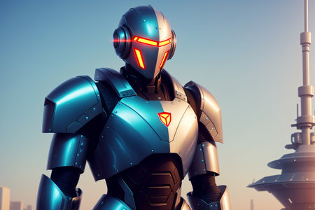 3D rendering of a female robot against a blue sky background.の素材