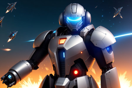 3D rendering of a female robot with a spaceship in the backgroundの素材