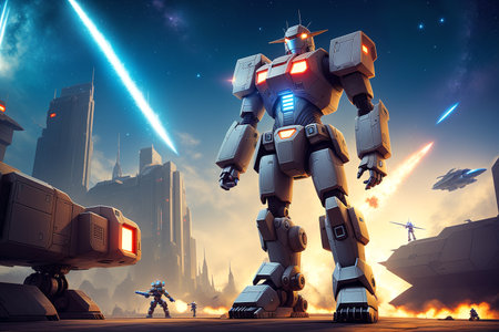Futuristic robot with spaceship in the background. 3d renderingの素材