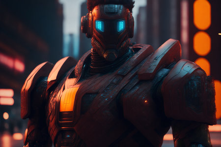 3D rendering of a male cyborg in the futuristic city at nightの素材