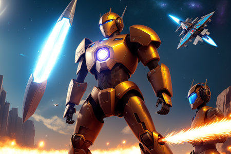 Futuristic robot against the background of the starry sky.の素材