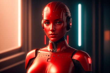 3d rendering of a female robot or cyborg with red skinの素材