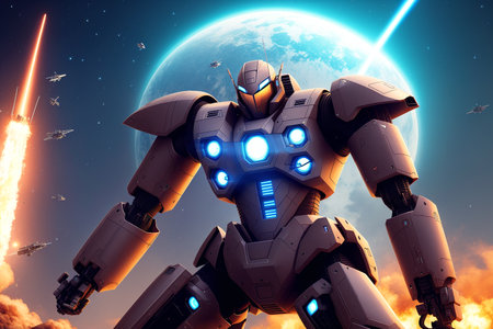 Futuristic robot in space against the background of the planet.の素材