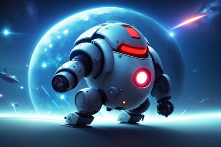 3d rendering of a robot in space with moon and stars backgroundの素材