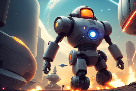 Futuristic robot flying in space. 3d rendering and illustration.の素材