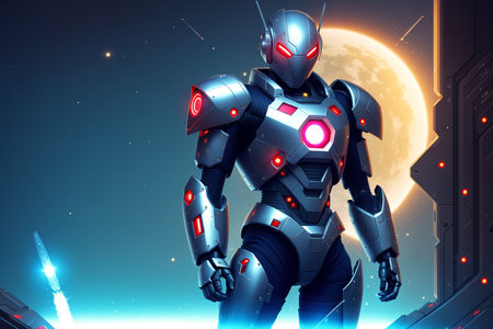 Cyborg with full moon in the background. 3D rendering.の素材