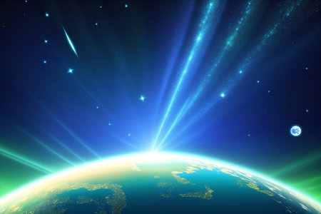 Earth in space with rays of light and stars. 3D renderingの素材