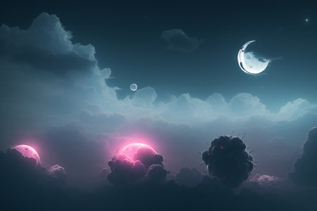 Night sky with clouds and moon. 3d rendering. Computer digital drawing.の素材