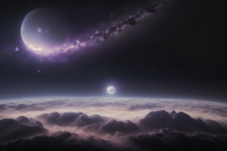 3d rendering of an alien planet in the night sky with cloudsの素材