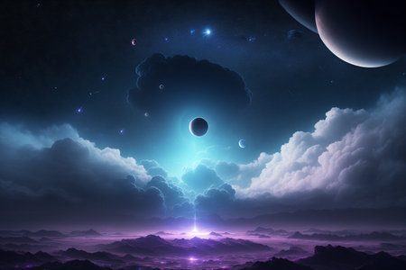 Fantasy landscape with moon, clouds and stars. 3D renderingの素材