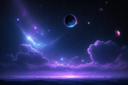 Fantasy alien planet with nebula and stars. 3D renderingの素材