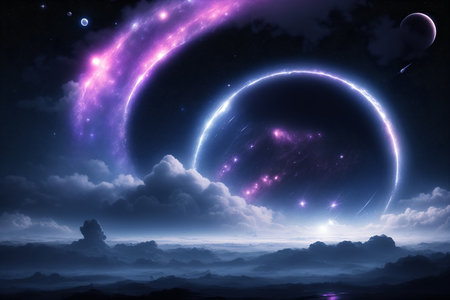 Fantasy night sky with clouds, stars and nebula. 3D renderingの素材