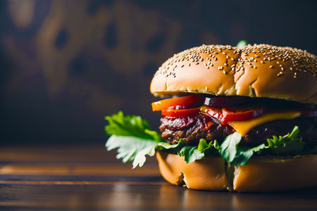 Cheese burger - American cheese burger with fresh salad on wooden tableの素材