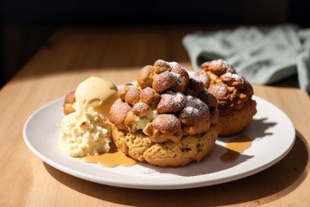 Profiteroles with vanilla ice cream on a white plate on a wooden tableの素材
