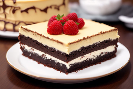 Piece of chocolate cake with raspberries on white plate.の素材