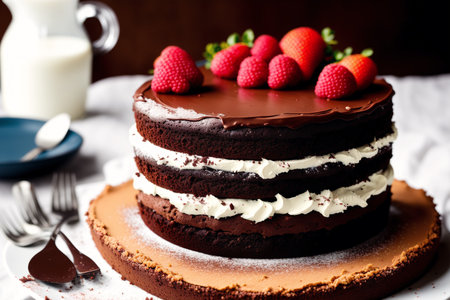 Chocolate cake with strawberries and cream on a wooden background. Selective focus.の素材