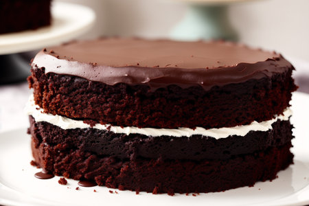 Delicious chocolate cake with whipped cream on plate, closeup viewの素材