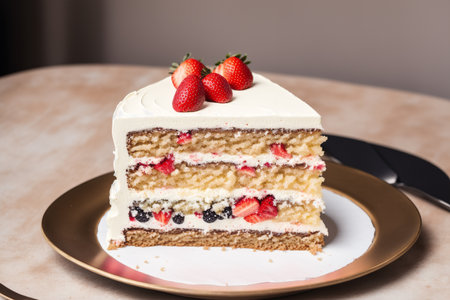 Strawberry cake on a brown plate. Selective focus.の素材
