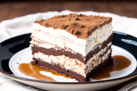 Tiramisu cake on a black plate on a wooden backgroundの素材