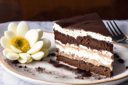 Tiramisu cake with chamomile flower on white plateの素材