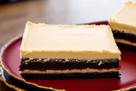 Close up of a slice of cheesecake on a red plate.の素材