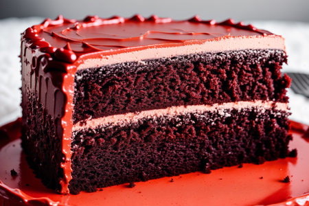 Piece of cake with chocolate frosting on a red plate.の素材