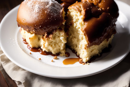 Cream Pudding with Chocolate Sauce on White Plate, Closeupの素材