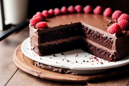 Chocolate cake with raspberries on a wooden table, selective focus.の素材