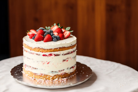 beautiful cake with fresh berries on a wooden background, close-upの素材